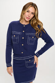 Knit Long Sleeve Cardigan Top with Stitching and Skirt Set-Cardigans-Reneecollection-Small-NAVY-Urbanheer