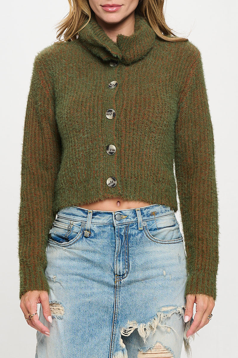 Knit Long Sleeve Collard Cardigan with Buttons-Cardigans-Reneecollection-Small-OLIVE/RUST-Urbanheer