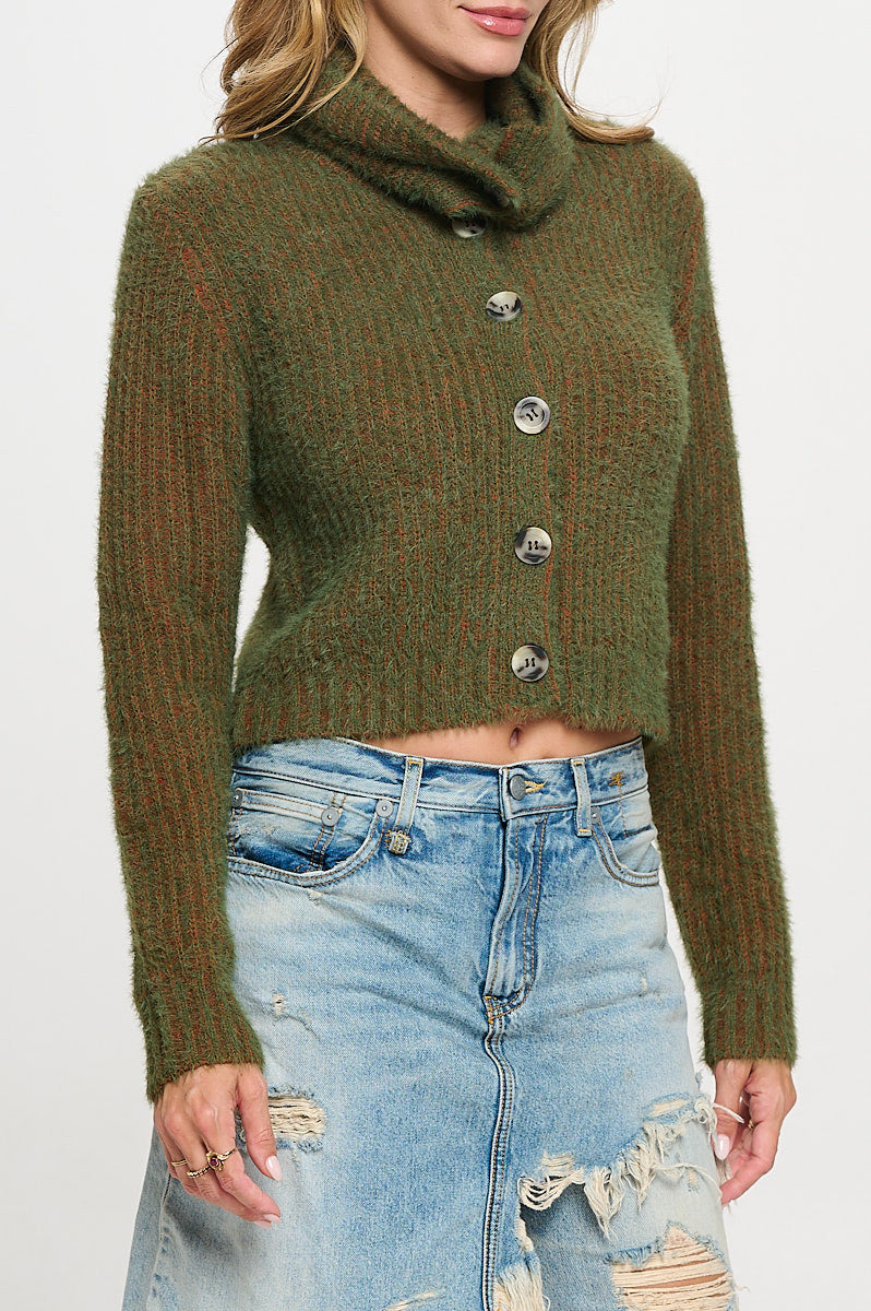 Knit Long Sleeve Collard Cardigan with Buttons-Cardigans-Reneecollection-Small-OLIVE/RUST-Urbanheer
