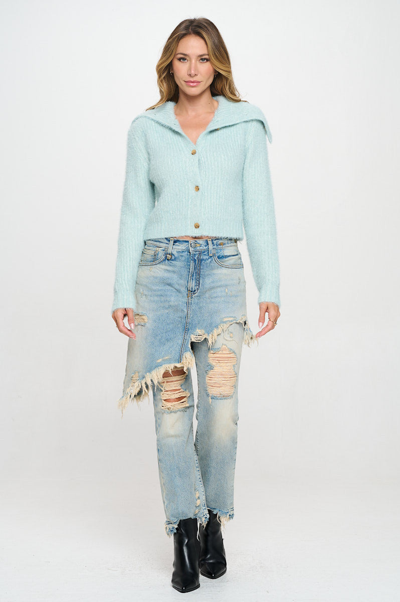 Knit Long Sleeve Collard Cardigan with Buttons-Cardigans-Reneecollection-Small-ICE BLUE-Urbanheer