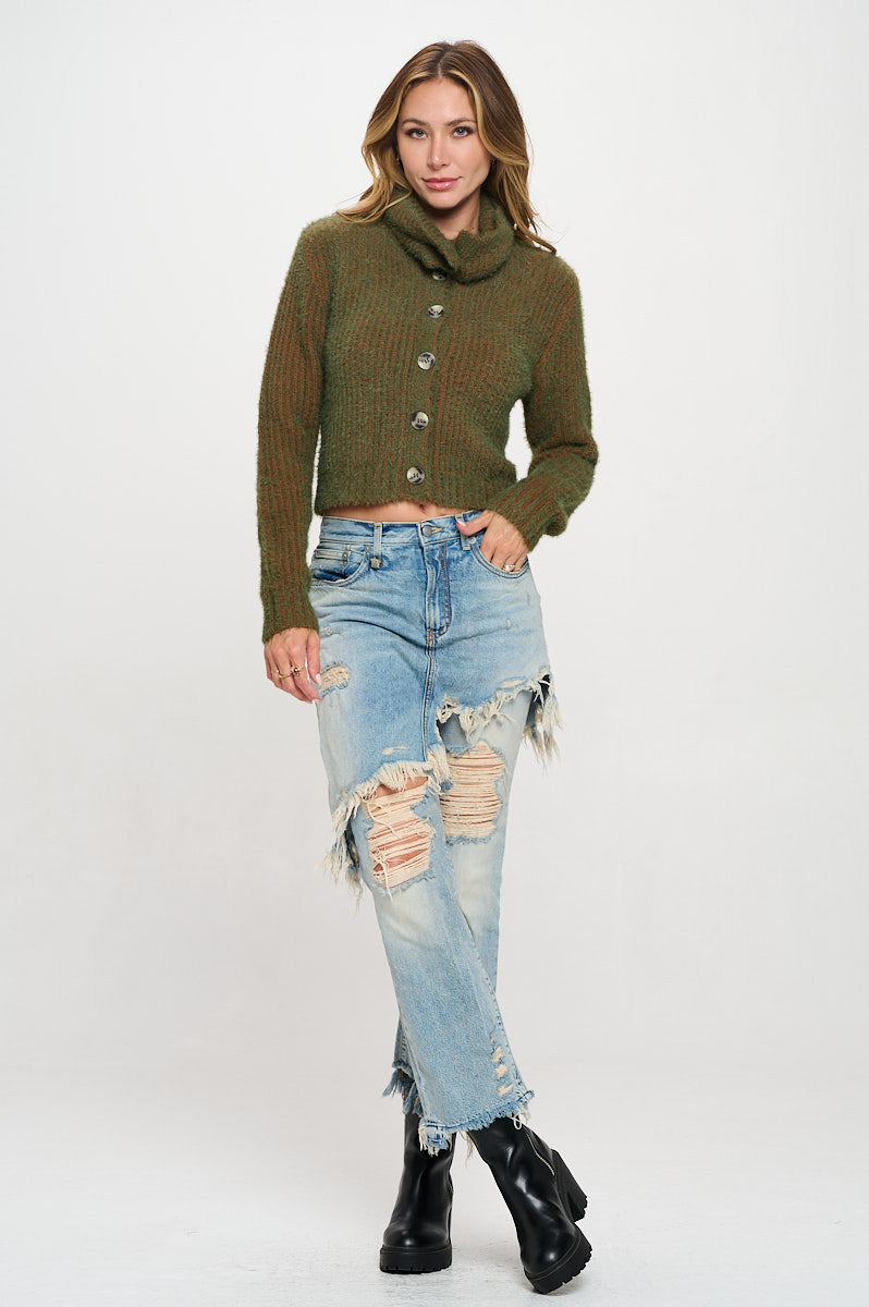 Knit Long Sleeve Collard Cardigan with Buttons-Cardigans-Reneecollection-Small-OLIVE/RUST-Urbanheer