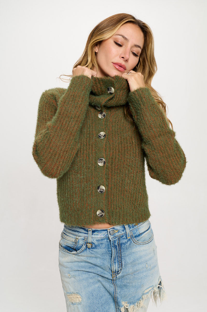 Knit Long Sleeve Collard Cardigan with Buttons-Cardigans-Reneecollection-Small-OLIVE/RUST-Urbanheer