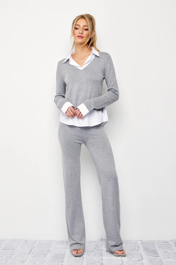 Knit Long Sleeve Shirt and Pants Set-Set-RIVIR-S-GREY-Urbanheer
