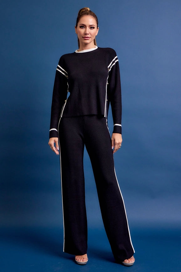 Knit Long Sleeve Stripe Top & Pants Set BLACK-Set-RIVIR-S-BLACK-Urbanheer