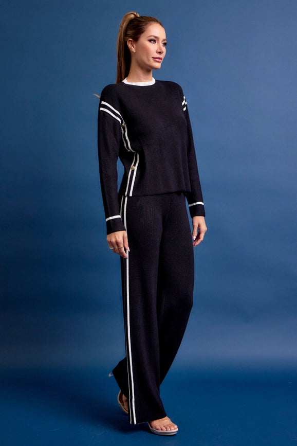 Knit Long Sleeve Stripe Top & Pants Set BLACK-Set-RIVIR-S-BLACK-Urbanheer