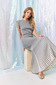 Knit Midi Dress with Contrast Pleated Skirt-Dress-RIVIR-S-GREY-Urbanheer