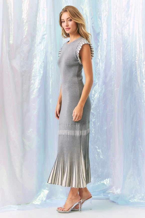 Knit Midi Dress with Contrast Pleated Skirt-Dress-RIVIR-S-GREY-Urbanheer