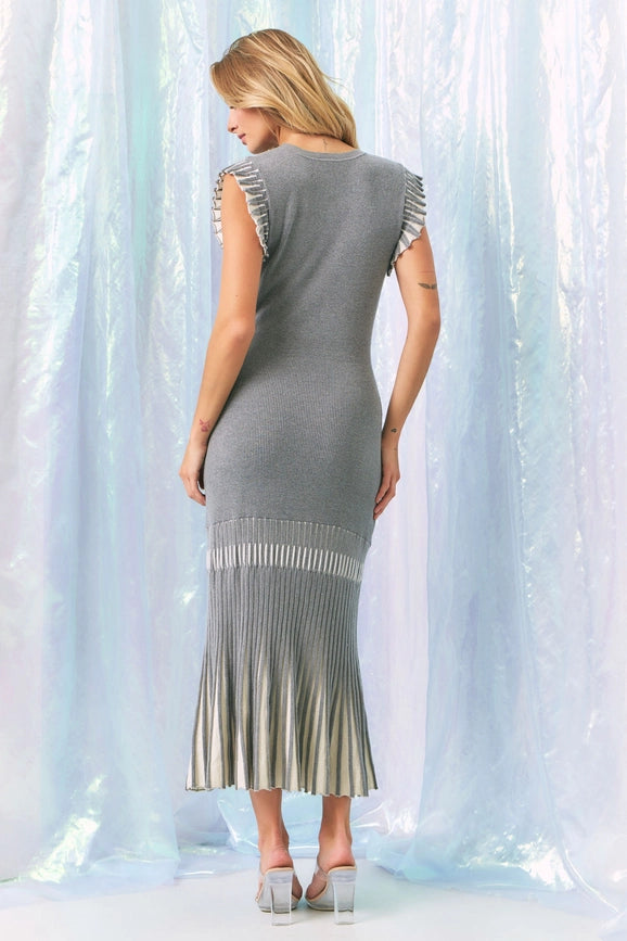 Knit Midi Dress with Contrast Pleated Skirt-Dress-RIVIR-S-GREY-Urbanheer
