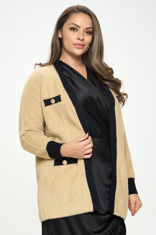 Knit Open Front Cardigan with Pockets-Cardigans-Reneecollection-1X-TAUPE-Urbanheer