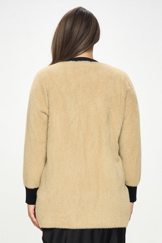 Knit Open Front Cardigan with Pockets-Cardigans-Reneecollection-1X-TAUPE-Urbanheer