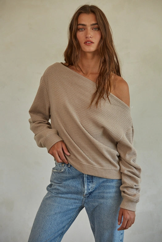 Knit Polyester Cotton Spandex Waffle One Shoulder Long Sleeve Pullover Top-Pullover-By Together-S-Latte-Urbanheer
