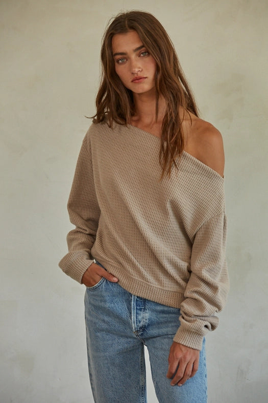 Knit Polyester Cotton Spandex Waffle One Shoulder Long Sleeve Pullover Top-Pullover-By Together-S-Latte-Urbanheer