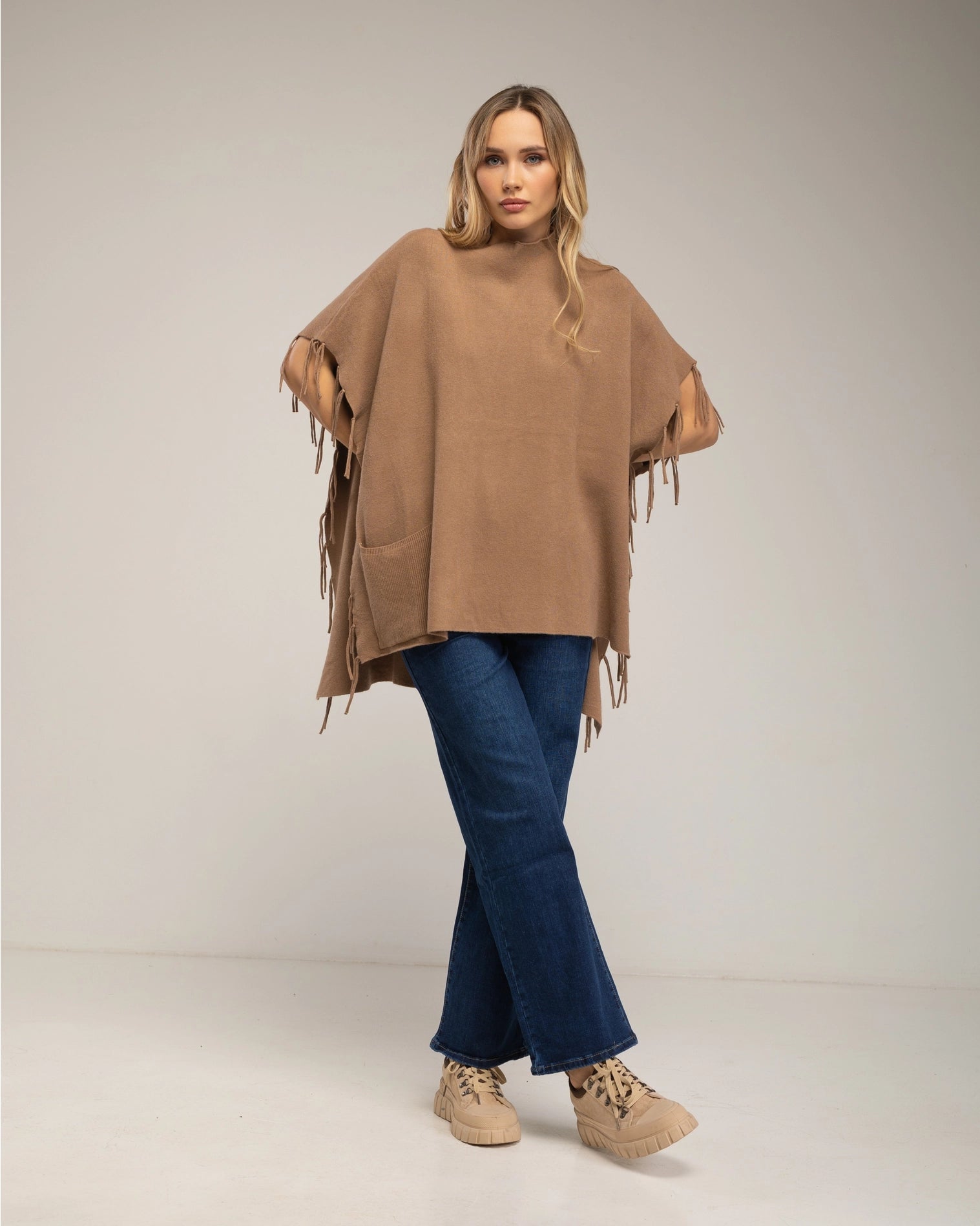 Knit Poncho with Fringes On the Sides in Beidge