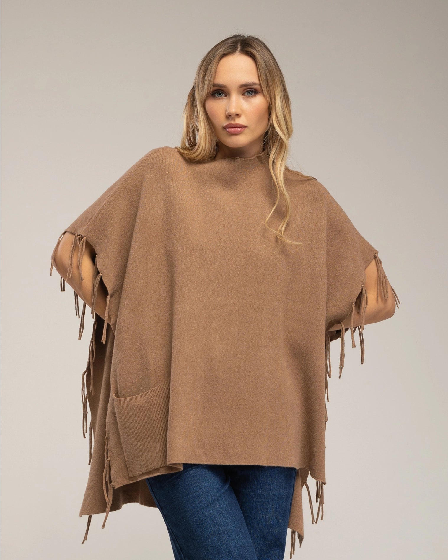 Knit Poncho with Fringes On the Sides in Beidge