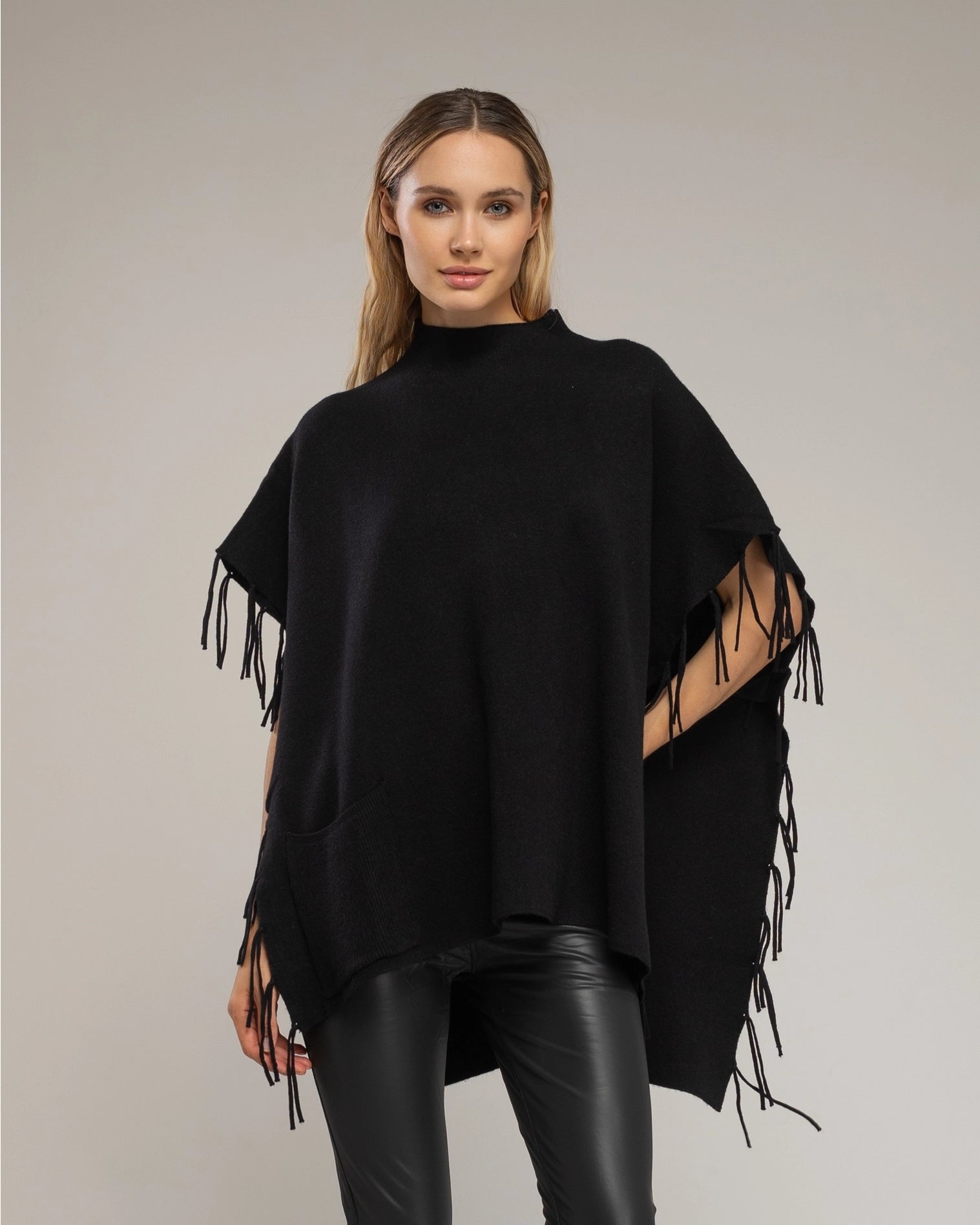 Knit Poncho with Fringes On the Sides in Black
