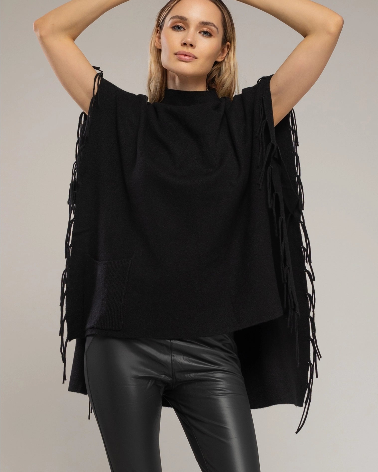 Knit Poncho with Fringes On the Sides in Black