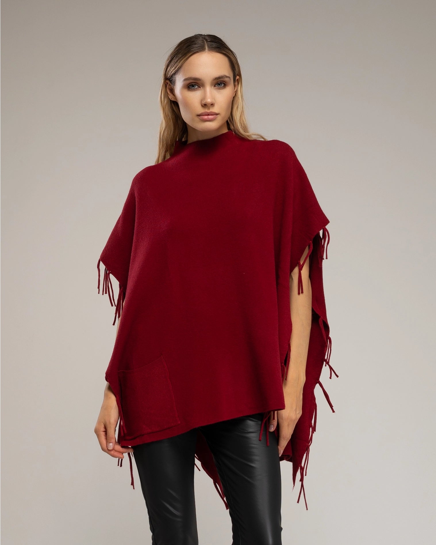 Knit Poncho with Fringes On the Sides in Red