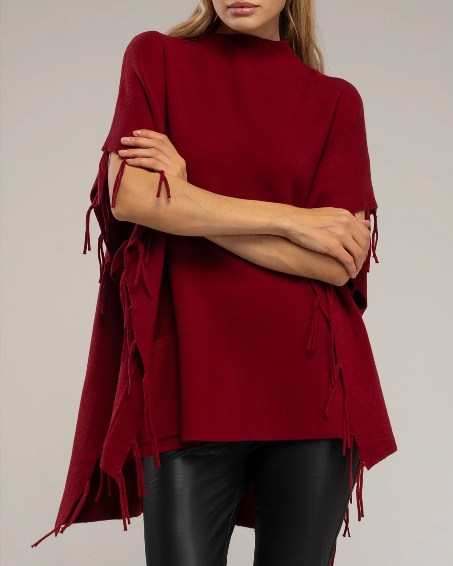 Knit Poncho with Fringes On the Sides in Red