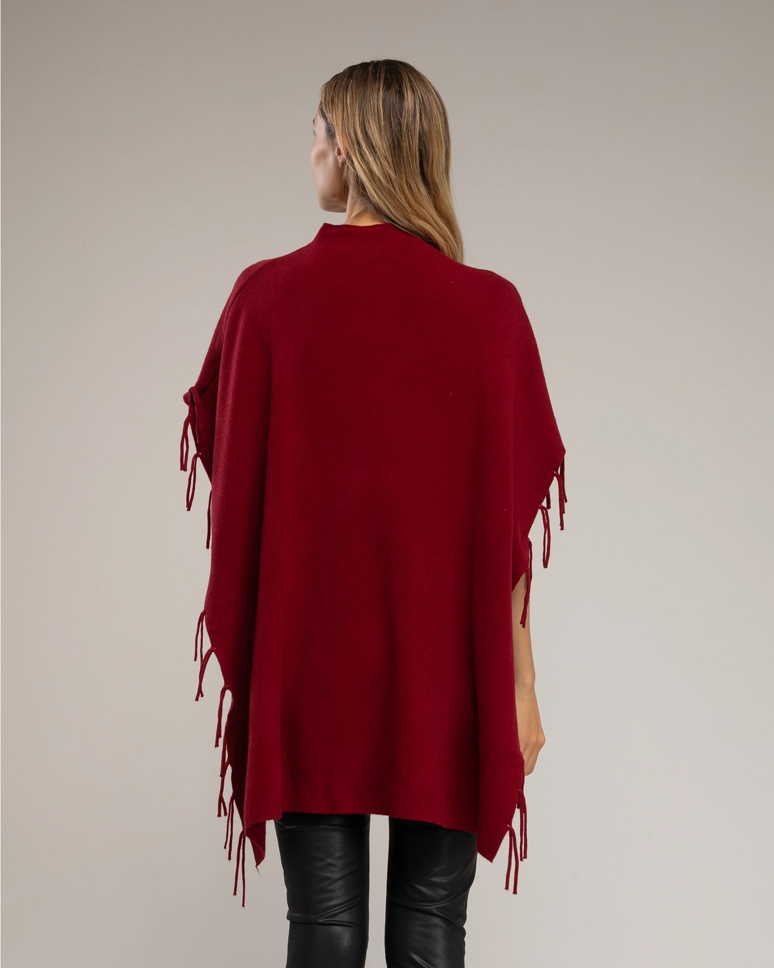 Knit Poncho with Fringes On the Sides in Red