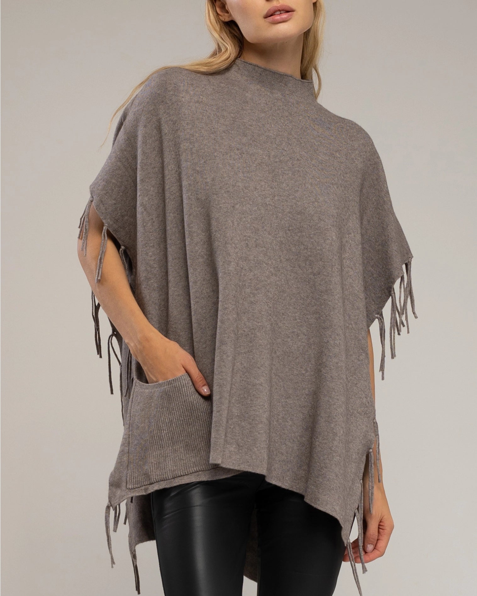 Knit Poncho with Fringes On the Sides in Taupe