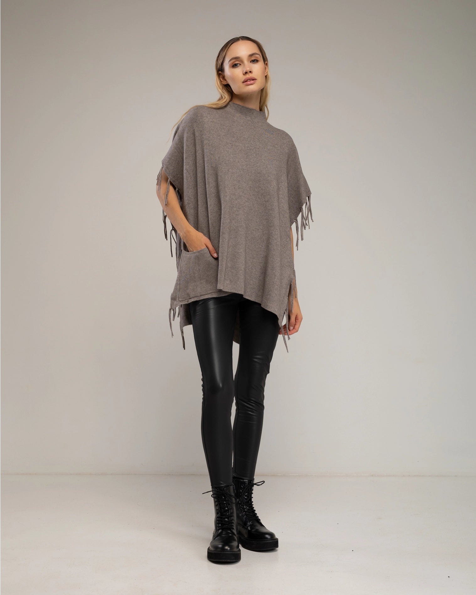 Knit Poncho with Fringes On the Sides in Taupe