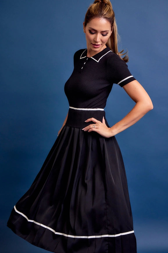 Knit Sleeveless Midi Dress Pleated Woven Skirt BLACK-Dress-RIVIR-S-BLACK-Urbanheer