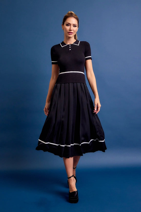 Knit Sleeveless Midi Dress Pleated Woven Skirt BLACK-Dress-RIVIR-S-BLACK-Urbanheer