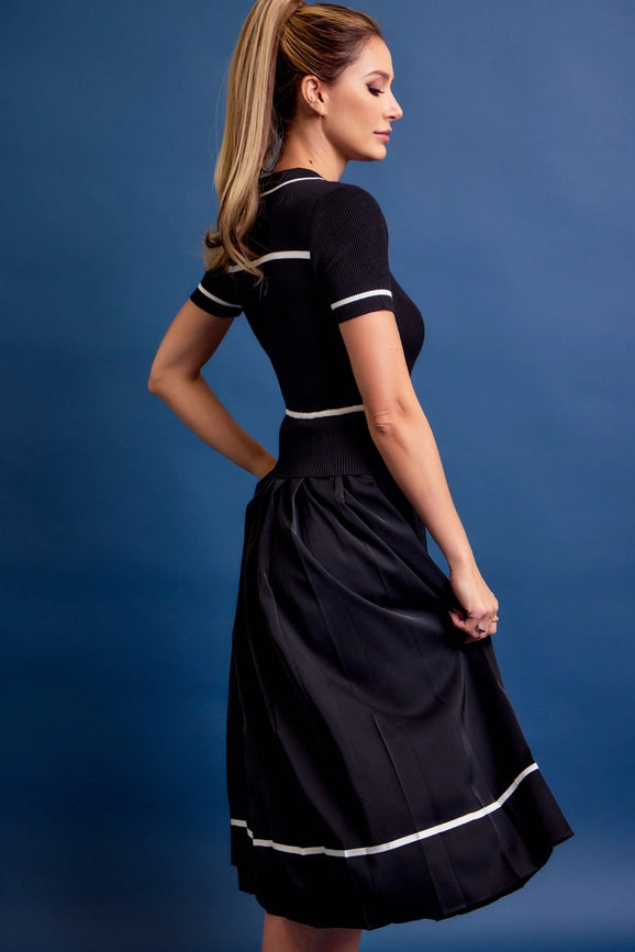 Knit Sleeveless Midi Dress Pleated Woven Skirt BLACK-Dress-RIVIR-S-BLACK-Urbanheer