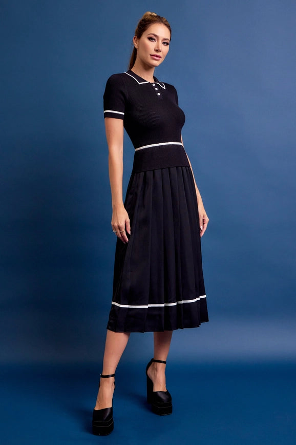 Knit Sleeveless Midi Dress Pleated Woven Skirt BLACK-Dress-RIVIR-S-BLACK-Urbanheer