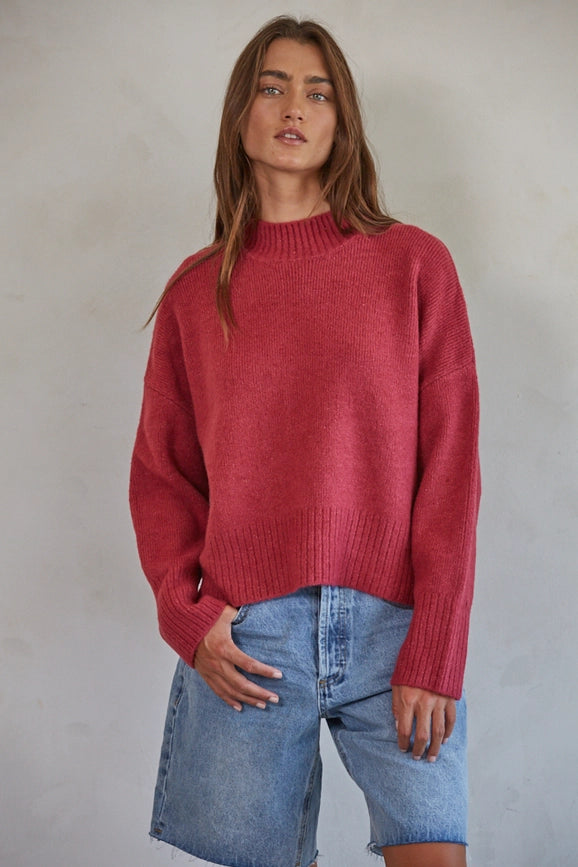 Knit Sweater Mock Neck Long Sleeve Top-Sweater-By Together-S-Wine-Urbanheer
