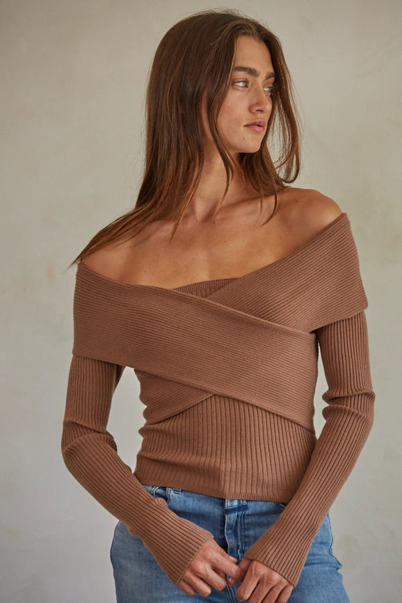 Knit Sweater Off Shoulder Long Sleeve Top Brown-Pullover-By Together-S-Brown-Urbanheer