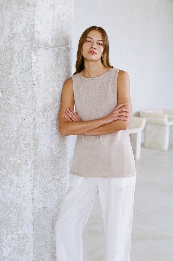 Knit Sweater Ramie Cotton See Through Tank Top Natural-Tank Top-a.ren-S-Natural-Urbanheer
