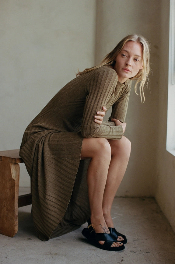 Knit Sweater Ribbed Long Sleeve Maxi Dress Brown-Dress-By Together-S-Brown-Urbanheer