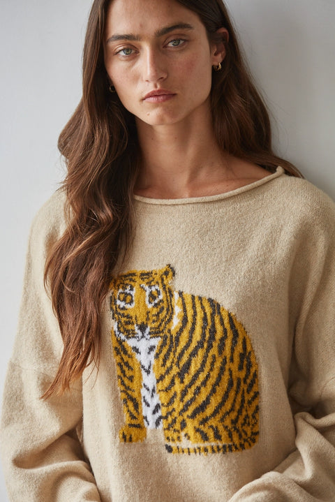Knit Sweater Tiger Graphic Print Long Sleeve