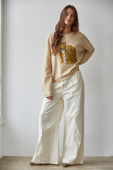 Knit Sweater Tiger Graphic Print Long Sleeve