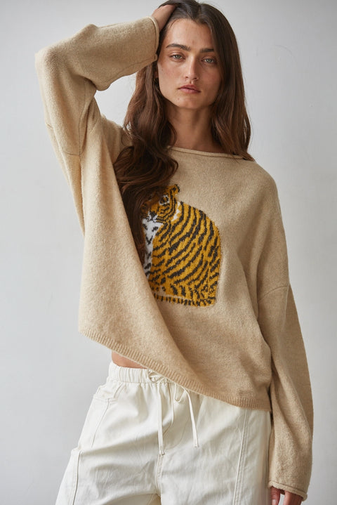 Knit Sweater Tiger Graphic Print Long Sleeve