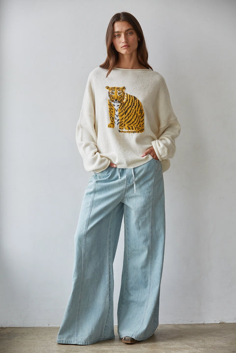 Knit Sweater Tiger Graphic Print Long Sleeve
