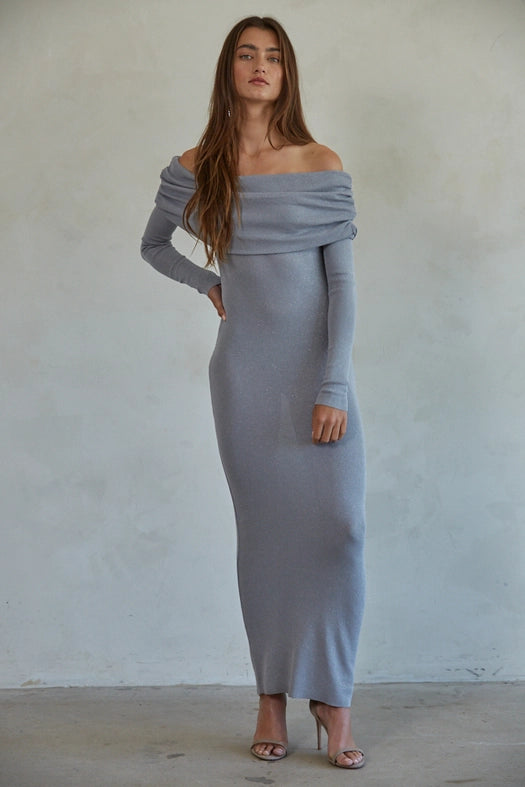 Knit Sweater Viscose Lurex Off Shoulder Maxi Dress-Dress-By Together-S-Silver-Urbanheer