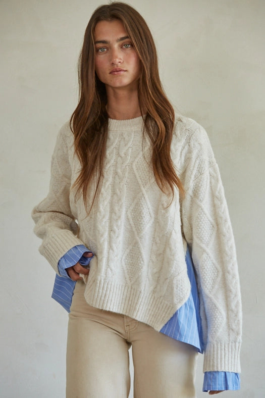 Knit Sweater with Attached Striped Shirt Detail-SWEATER TOP-By Together-S-Cream Blue-Urbanheer