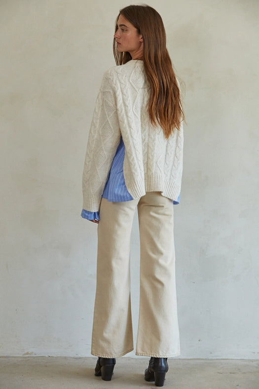 Knit Sweater with Attached Striped Shirt Detail-SWEATER TOP-By Together-S-Cream Blue-Urbanheer