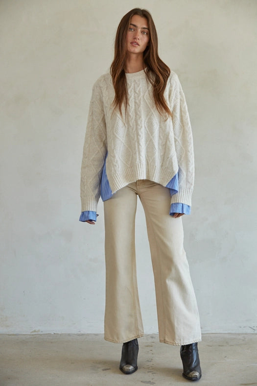 Knit Sweater with Attached Striped Shirt Detail-SWEATER TOP-By Together-S-Cream Blue-Urbanheer