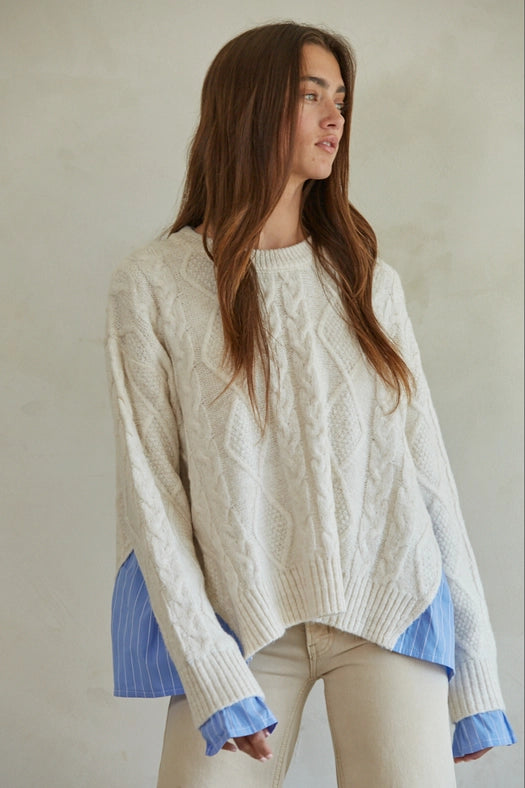 Knit Sweater with Attached Striped Shirt Detail-SWEATER TOP-By Together-S-Cream Blue-Urbanheer