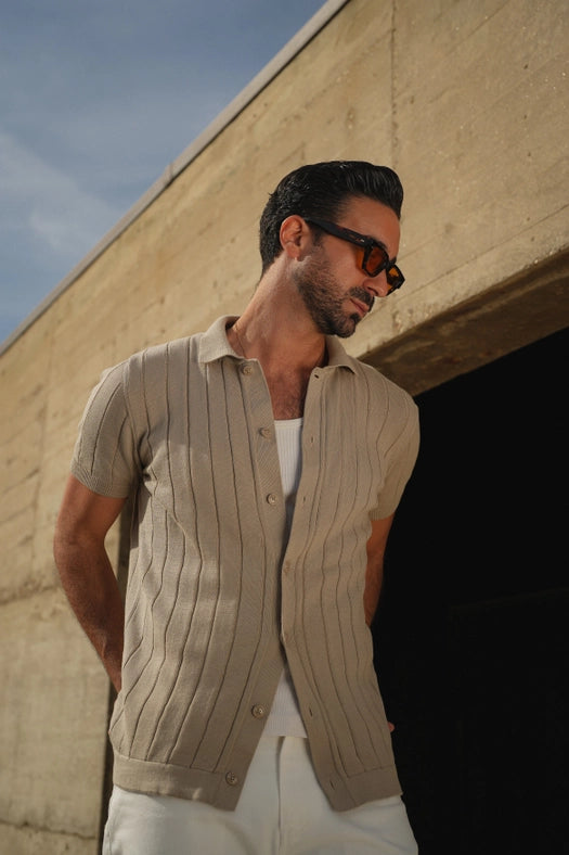 Knitted Cuban Collar Taupe Shirt-Shirt-DONATO-S-Urbanheer