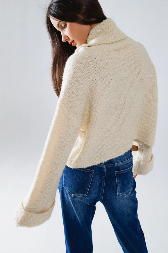 Knitted Fluffy High Neck Sweater in Cream-Sweater-Q2-OS-White-Urbanheer
