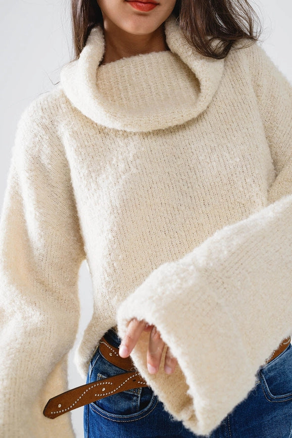 Knitted Fluffy High Neck Sweater in Cream-Sweater-Q2-OS-White-Urbanheer