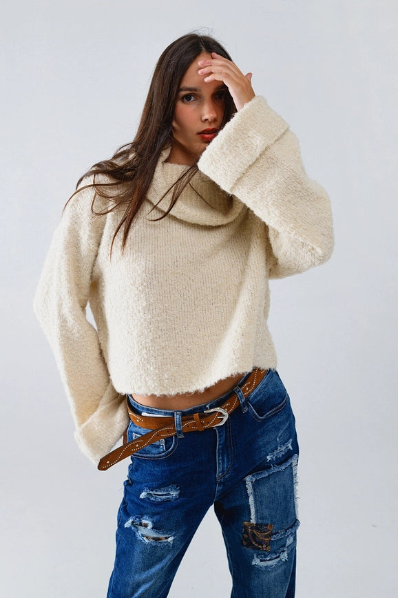 Knitted Fluffy High Neck Sweater in Cream-Sweater-Q2-OS-White-Urbanheer