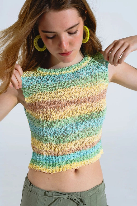 Knitted Multicolor Sleeveless Sweater with Stripes and Crew Neckline-Sweater-Q2-One Size-Green-Urbanheer