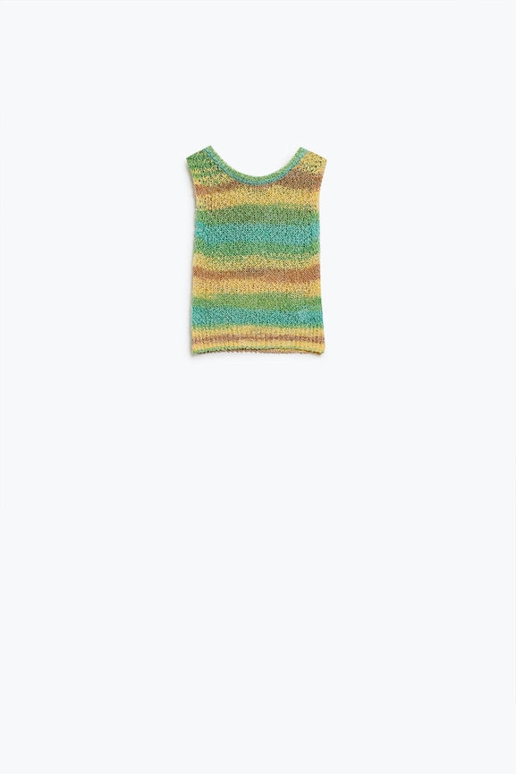 Knitted Multicolor Sleeveless Sweater with Stripes and Crew Neckline-Sweater-Q2-One Size-Green-Urbanheer