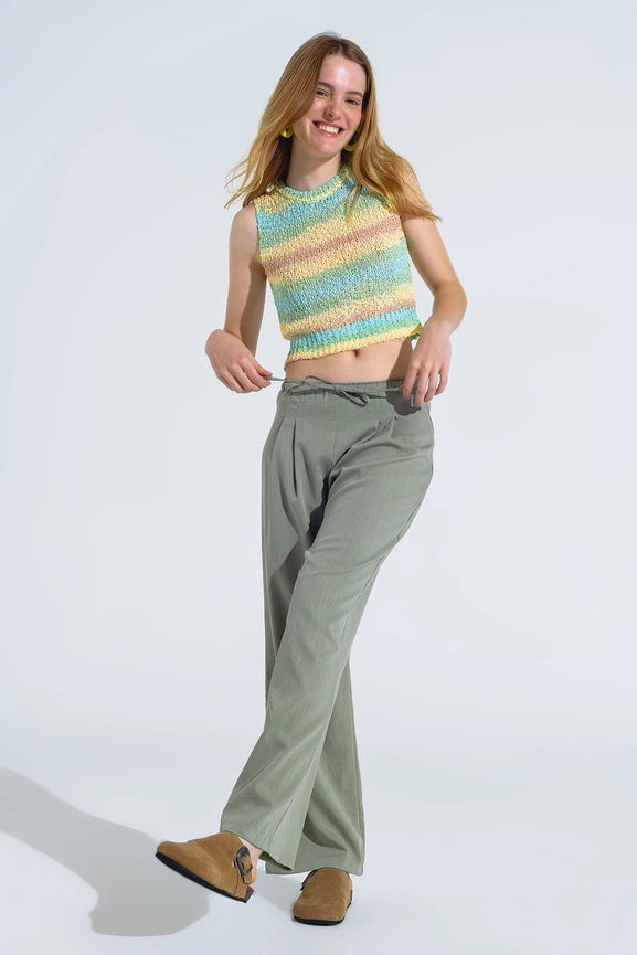 Knitted Multicolor Sleeveless Sweater with Stripes and Crew Neckline-Sweater-Q2-One Size-Green-Urbanheer