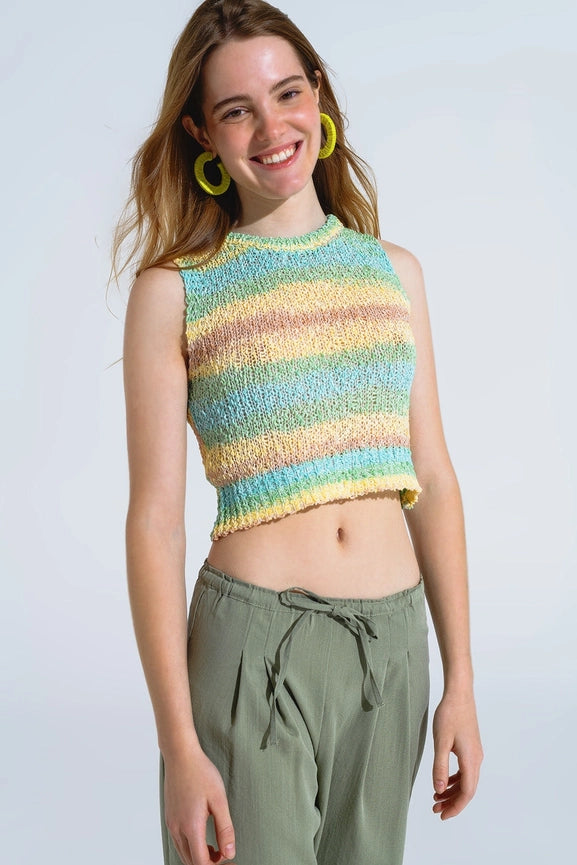 Knitted Multicolor Sleeveless Sweater with Stripes and Crew Neckline-Sweater-Q2-One Size-Green-Urbanheer